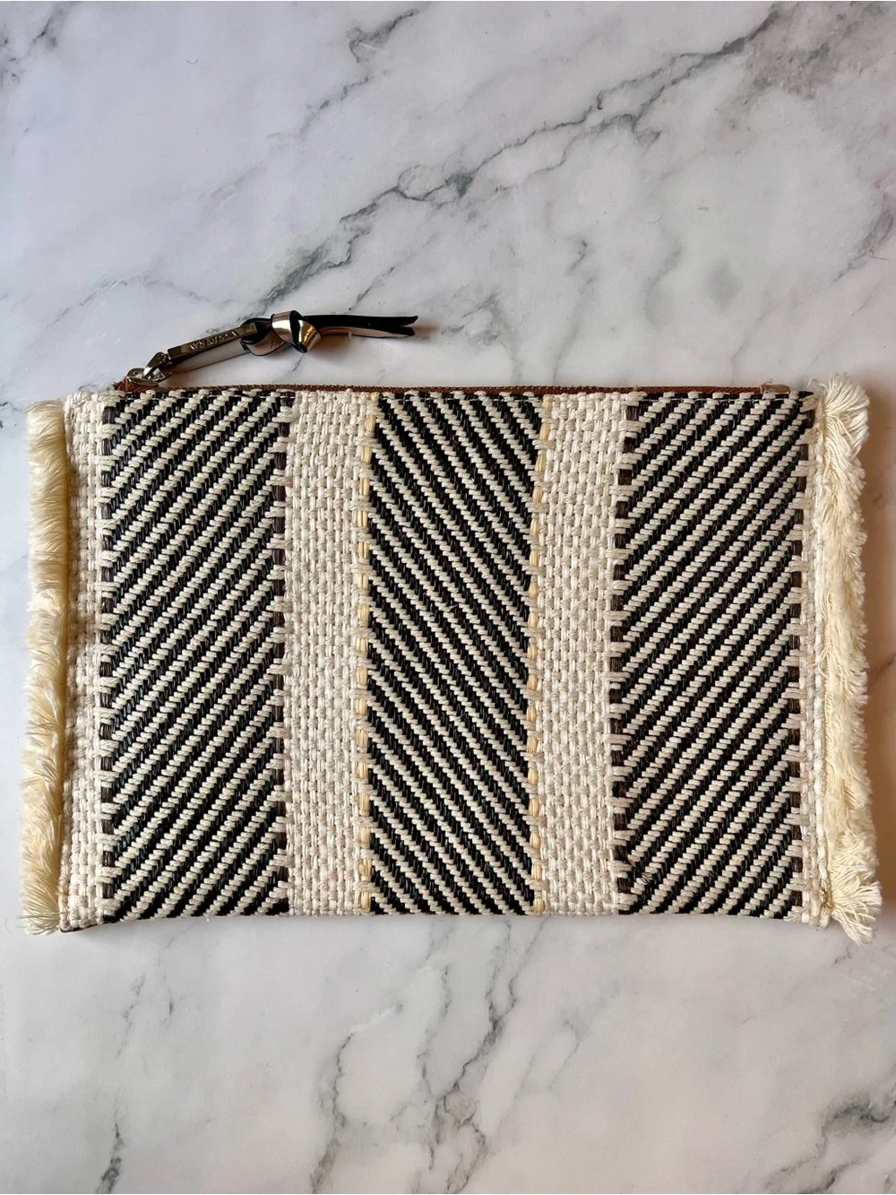 Violet Ray Woven Stripe Fringe Clutch Purse Bag Cream and Black